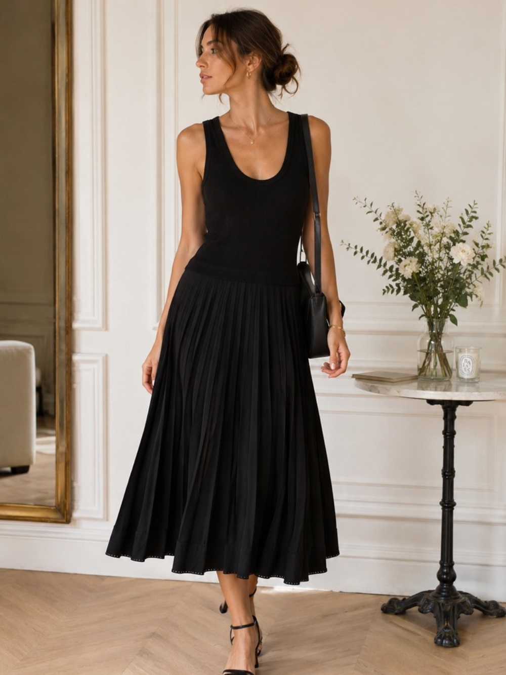 Claudie Pierlot Paris Black Pleated Midi Dress Sleeveless Ribbed Knit Drop Waist